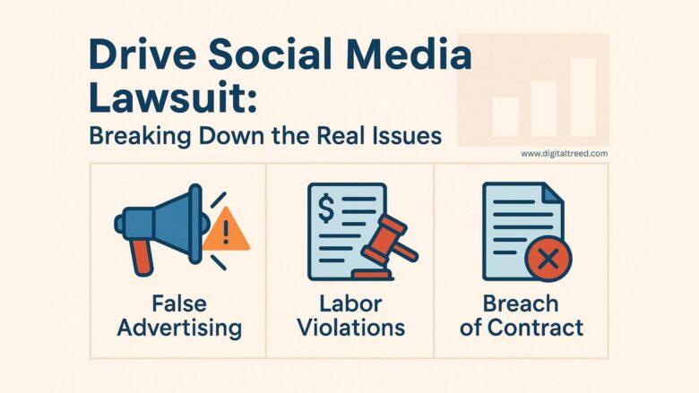Visual summary of the Drive Social Media lawsuit highlighting key issues like false advertising, labor violations, and broken client contracts.