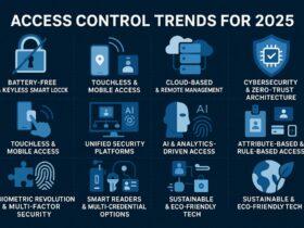 A modern infographic titled "ACCESS CONTROL TRENDS FOR 2025" showcasing a smart building environment. It features visuals of battery-free smart locks, mobile access with smartphones, biometric scanners (like facial recognition and fingerprint), cloud-based access dashboards, and IoT-integrated lighting and HVAC systems. The design uses clean lines, blue and gray tones, and minimal text to highlight trends like zero-trust architecture, sustainability, and AI-powered security analytics.