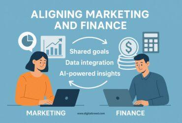 A digital infographic-style feature image showing collaboration between marketing and finance teams, with icons representing KPIs, budgeting, AI tools, and data integration.
