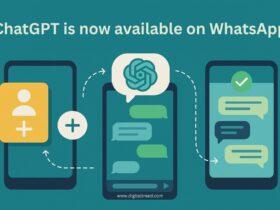 A flat-style digital infographic titled "ChatGPT is now available on WhatsApp," illustrating how to use ChatGPT on WhatsApp with simple icons and minimal text. The design highlights steps like saving the number, starting a chat, and asking questions, all shown visually to create awareness about the feature.