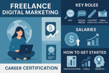 A flat-design digital infographic titled “Freelance Digital Marketing” featuring icons for SEO, social media, email marketing, content creation, and analytics, with minimal text.