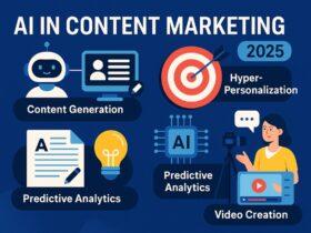 A 2D digital infographic titled "AI in Content Marketing 2025," featuring visual elements such as a robot creating content, video icons, personalized user interfaces, and data charts, all representing how AI tools are transforming content creation, personalization, and strategy in digital marketing. The layout is clean with minimal text, using a modern color scheme and stylized illustrations.