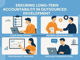 A flat-style digital infographic showing strategies for maintaining accountability in outsourced development teams. Includes icons for KPIs, communication, tools, and teamwork.