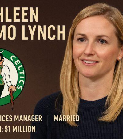 A flat-style digital infographic features Kathleen Nimmo Lynch with visual elements representing her role with the Boston Celtics, media controversy, and personal life.