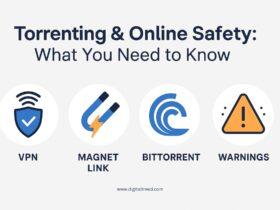 A flat-design digital infographic titled "Torrenting for Educational Use" showing a computer screen with magnet links, a VPN shield icon, a peer-to-peer network diagram, and a warning label about safe torrenting practices. The image includes minimal text and highlights educational usage, security tips, and legal awareness in a visually engaging layout.