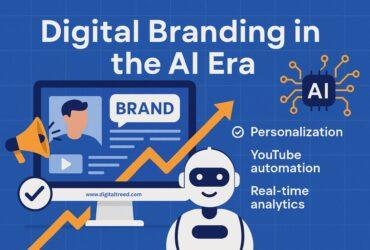 A 2D digital illustration showing the concept of digital branding in the AI era, featuring interconnected icons representing AI tools, video content, analytics, personalization, and branding across devices, with minimal text and a clean infographic design.