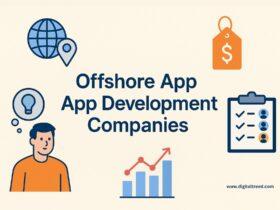 A flat-style digital infographic displays the phrase "Top Offshore App Development Companies" with illustrated icons of developers, mobile apps, global connections, and charts, all arranged over a clean, minimal background sized at 1532x1024 pixels.