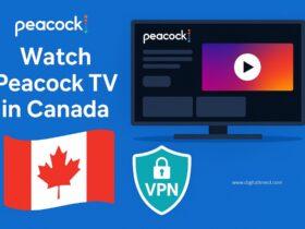 A digital infographic showing how to watch Peacock TV in Canada using a VPN, with icons of a laptop, US flag, lock symbol, and streaming interface visuals.