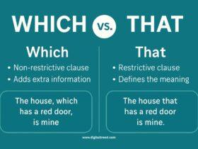 A 2D infographic-style digital illustration comparing "Which" vs. "That" in grammar usage. It features minimal text, symbolic icons, and arrows to visually explain the difference between defining and non-defining clauses. The design is colorful and educational