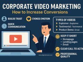 A flat-style digital infographic titled “Corporate Video Marketing Guide,” showing types of videos (explainer, testimonial, demo, etc.), video benefits (trust, engagement, conversions), and best placements (homepage, landing page, email), designed to educate businesses on improving sales through strategic video use.