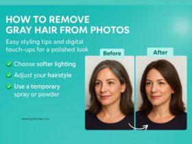 A clean, modern digital illustration showing a side-by-side comparison of hair with visible gray strands and the same hair after digital retouching, with small infographic icons representing lighting tips, hairstyling adjustments, and app-based editing tools, all on a light, minimal background