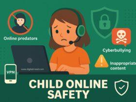 Flat-style digital illustration showing online child safety tips, including VPN protection, parental controls, and cyber threat awareness, with minimal text.