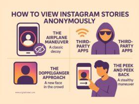 Flat-style digital infographic titled "How to View Instagram Stories Anonymously," showing illustrated steps like airplane mode, third-party apps, secondary accounts, and slide-to-peek, with minimal text and a sleek social media theme.