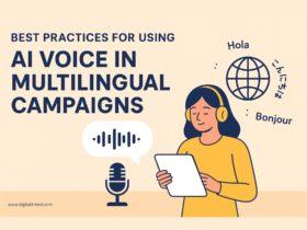 Flat-style digital illustration infographic showing AI voice technology for multilingual campaigns. Includes a globe, speech bubbles in multiple languages, sound wave graphics, and minimal text for clarity.