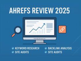 Infographic-style feature image about Ahrefs SEO tool review, showing visuals of keyword research, backlink analysis, site audit, and rank tracking with minimal text.