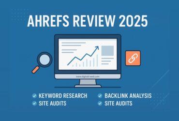 Infographic-style feature image about Ahrefs SEO tool review, showing visuals of keyword research, backlink analysis, site audit, and rank tracking with minimal text.