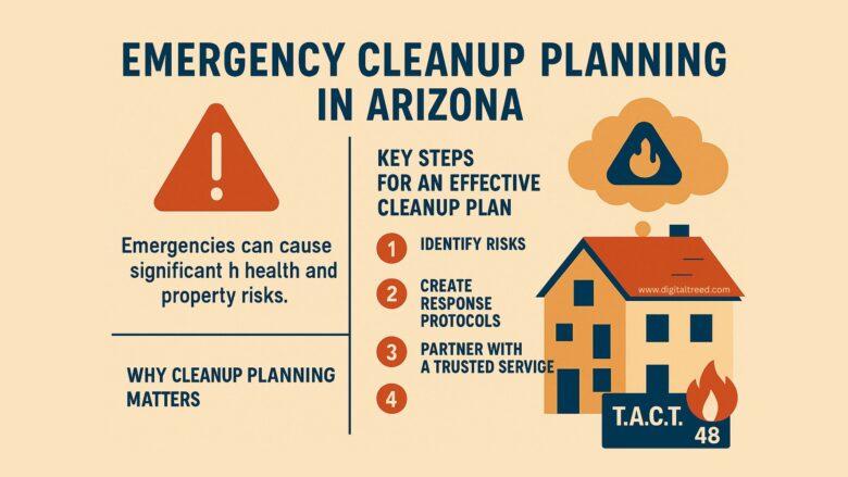 Flat-style infographic showing "Emergency Cleanup Plan Arizona" with simple icons: hazard sign, phone, checklist, shield, and cleanup crew illustration, minimal text.