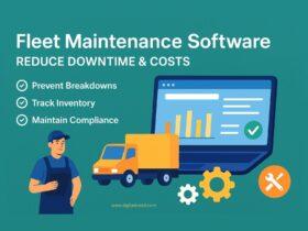 Flat-style digital illustration showing fleet maintenance software benefits with icons of trucks, repair tools, inventory charts, and preventive maintenance infographic.