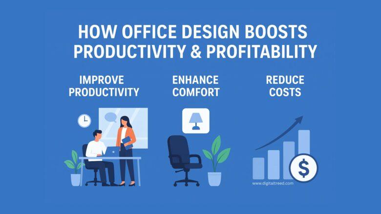 Flat-style infographic showing a modern office with ergonomic desks, bright lighting, and collaborative spaces, highlighting how office design boosts productivity and profitability.