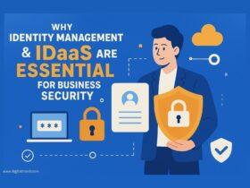 Infographic-style illustration showing digital security and identity management. A secure login screen with shield icons, cloud-based IDaaS, and padlock visuals representing data protection.