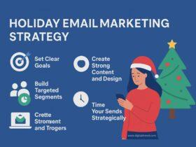 Flat-style infographic for holiday email marketing strategy, featuring icons of envelopes, discount tags, shopping carts, and analytics charts with minimal text.