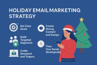 Flat-style infographic for holiday email marketing strategy, featuring icons of envelopes, discount tags, shopping carts, and analytics charts with minimal text.