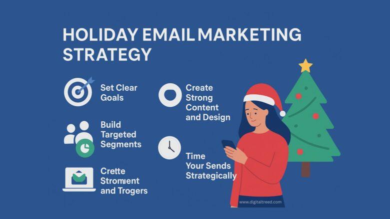 Flat-style infographic for holiday email marketing strategy, featuring icons of envelopes, discount tags, shopping carts, and analytics charts with minimal text.