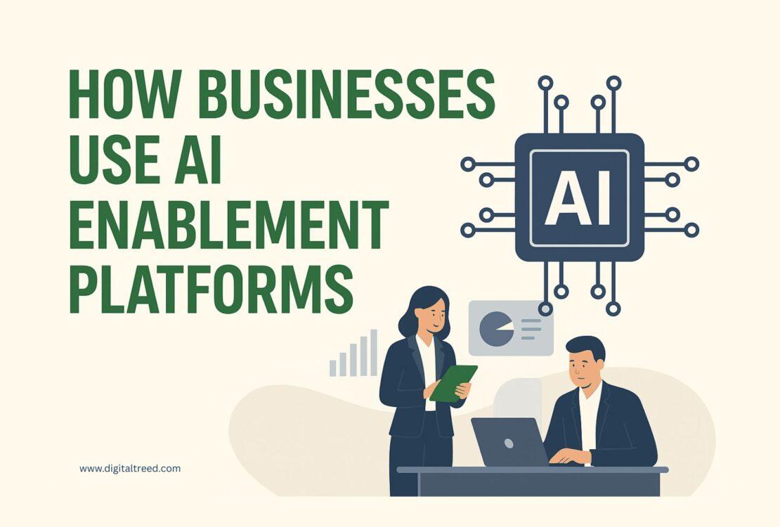 A modern digital illustration showing business professionals analyzing AI-driven data and automation workflows, symbolizing how AI enablement platforms enhance efficiency and decision-making.
