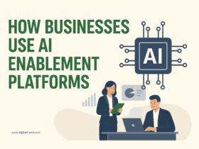 A modern digital illustration showing business professionals analyzing AI-driven data and automation workflows, symbolizing how AI enablement platforms enhance efficiency and decision-making.