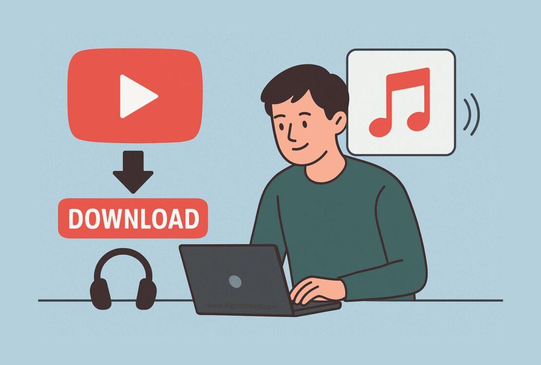 A flat-style digital illustration showing a young person sitting at a desk with a laptop, downloading music from YouTube. The background includes icons of YouTube, music notes, and a progress bar, representing safe and easy YouTube music downloading.