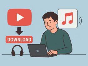 A flat-style digital illustration showing a young person sitting at a desk with a laptop, downloading music from YouTube. The background includes icons of YouTube, music notes, and a progress bar, representing safe and easy YouTube music downloading.