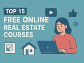 A creative flat-style digital illustration showing a real estate agent analyzing online learning platforms, charts, and icons representing education, property, and growth, promoting free online real estate courses with minimal text and infographic elements.