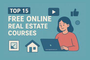 A creative flat-style digital illustration showing a real estate agent analyzing online learning platforms, charts, and icons representing education, property, and growth, promoting free online real estate courses with minimal text and infographic elements.