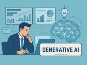Illustration of a business professional analyzing data on a laptop surrounded by charts, graphs, and an AI brain symbol, representing generative AI decision-making.