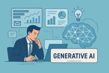 Illustration of a business professional analyzing data on a laptop surrounded by charts, graphs, and an AI brain symbol, representing generative AI decision-making.