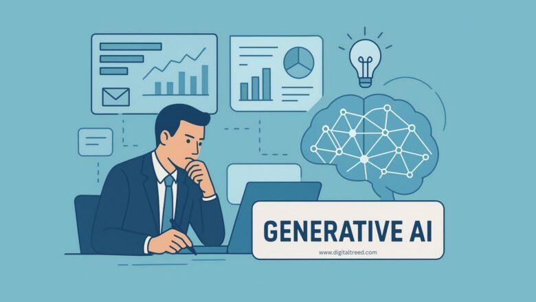 Illustration of a business professional analyzing data on a laptop surrounded by charts, graphs, and an AI brain symbol, representing generative AI decision-making.