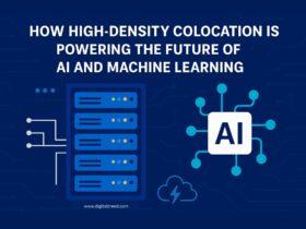 Digital illustration infographic showing high-density colocation powering AI and machine learning, with servers, GPUs, cooling systems, and data flow visuals.