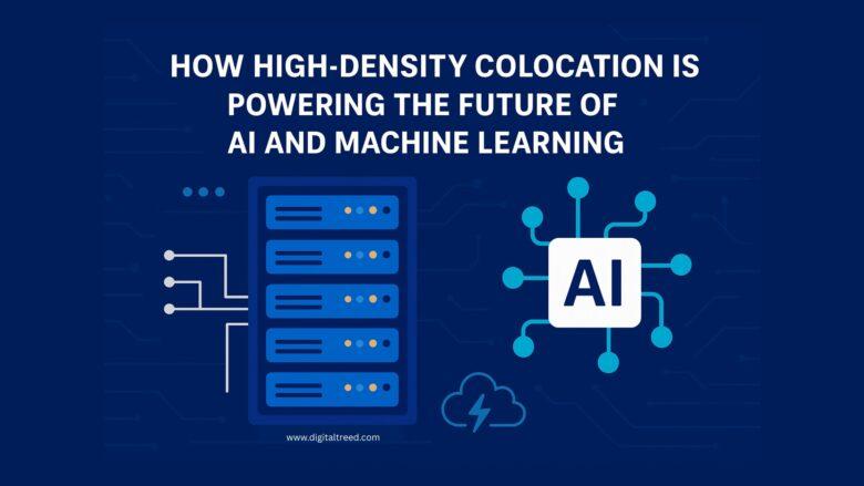 Digital illustration infographic showing high-density colocation powering AI and machine learning, with servers, GPUs, cooling systems, and data flow visuals.