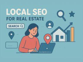 Illustration showing a woman using a laptop with icons of a house, location pin, magnifying glass, and bar chart, representing Local SEO strategies for real estate agents.