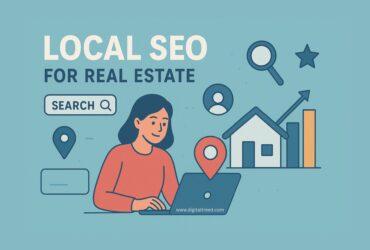 Illustration showing a woman using a laptop with icons of a house, location pin, magnifying glass, and bar chart, representing Local SEO strategies for real estate agents.