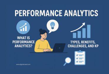 A modern flat-style digital illustration showing professionals analyzing data dashboards, graphs, and charts — symbolizing performance analytics, KPIs, and data-driven decision-making.