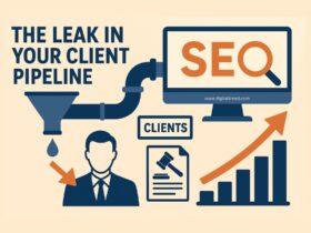 Infographic showing a leaking pipeline labeled ‘The Leak in Your Client Pipeline,’ connecting to a computer screen displaying ‘SEO.’ Below, a businessman icon, a legal document, a ‘Clients’ label, and an upward arrow graph symbolize how SEO impacts law firm client growth