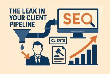 Infographic showing a leaking pipeline labeled ‘The Leak in Your Client Pipeline,’ connecting to a computer screen displaying ‘SEO.’ Below, a businessman icon, a legal document, a ‘Clients’ label, and an upward arrow graph symbolize how SEO impacts law firm client growth