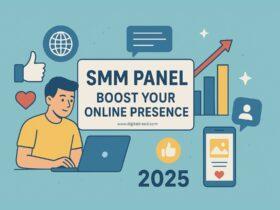 Illustration showing a person using a laptop with icons of likes, hearts, charts, and social media graphics, representing how an SMM panel boosts online presence in 2025.