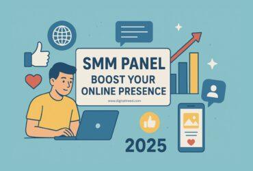 Illustration showing a person using a laptop with icons of likes, hearts, charts, and social media graphics, representing how an SMM panel boosts online presence in 2025.