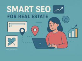 Illustration showing a Dubai skyline with business professionals, laptops, charts, and SEO icons, representing smart SEO strategies for Dubai startups to grow online.