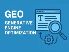 Alt text: “Modern flat-style illustration depicting the concept of Generative Engine Optimization (GEO), featuring AI systems analyzing digital content, data flows, and human interaction with minimal infographic elements and soft gradients.”