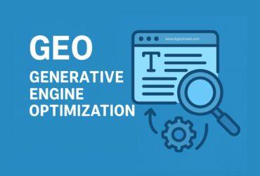 Alt text: “Modern flat-style illustration depicting the concept of Generative Engine Optimization (GEO), featuring AI systems analyzing digital content, data flows, and human interaction with minimal infographic elements and soft gradients.”