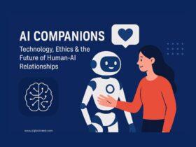 Infographic-style feature image illustrating AI companions, showing futuristic digital assistants, chatbots, and humanoid robots interacting with people, symbolizing companionship, personalization, and ethical considerations, with minimal text and modern flat design.