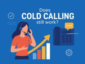 Infographic-style illustration showing a professional sales representative talking on the phone with business charts, call statistics, digital CRM tools, and icons representing cold calling success strategies, optimized for an article explaining how cold calling works in modern sales